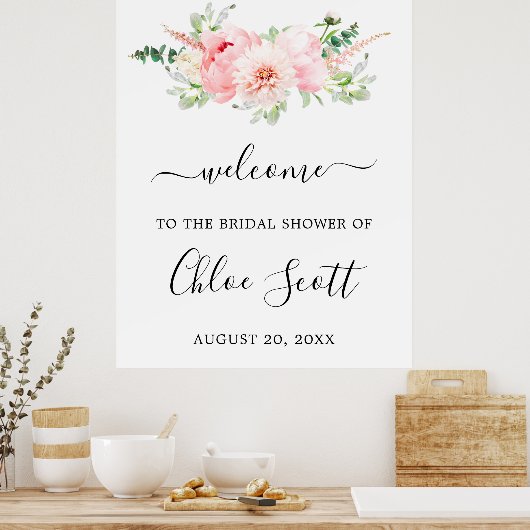 Rustic Roze Pioen Bloem Bruiloft Welkom Poster (Keuken)