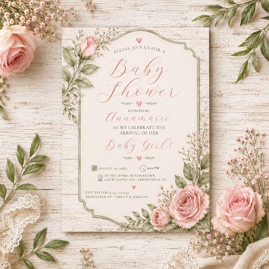 Rustic Roze Rozen Meisje Baby Shower | Kaart