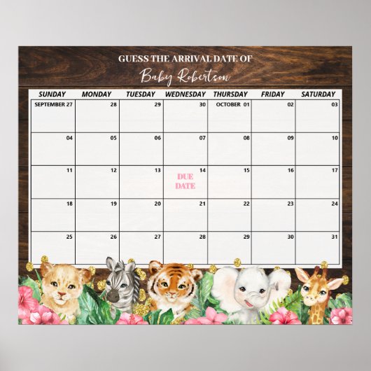 Rustic Roze Safari Baby Verwachte Datum Kalender Poster (Voorkant)