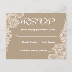 Rustic RSVP Floral Lace Brown & White Lacy Tan Uitnodiging Briefkaart