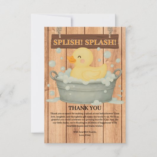 Rustic Rubber Ducky Bubbles Baby shower Bedankkaart (Voorkant)