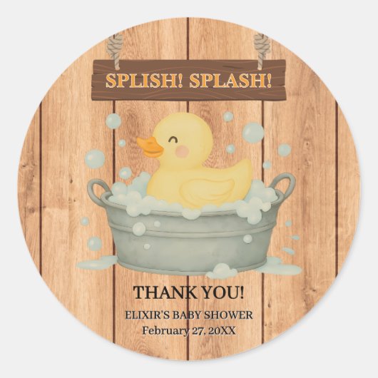 Rustic Rubber Ducky Bubbles Baby shower Ronde Sticker (Voorkant)