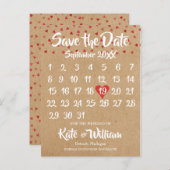 Rustic Ruby Red Love Hart Kalender Bewaar de datum Aankondigingskaart (Voorkant / Achterkant)