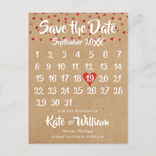 Rustic Ruby Red Love Hart Kalender Bewaar de datum Aankondigingskaart (Voorkant)