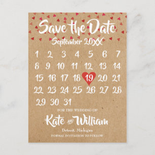 Rustic Ruby Red Love Heart Calendar Sla de datum o Aankondigingskaart