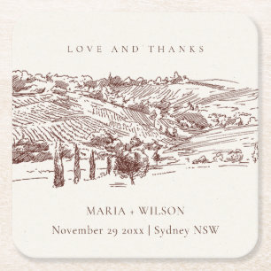 Rustic Rust Brown Winery Mountain Sketch Wedding Kartonnen Onderzetters