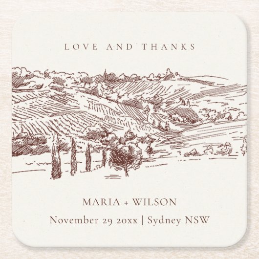 Rustic Rust Brown Winery Mountain Sketch Wedding Kartonnen Onderzetters (Voorkant)