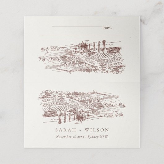 Rustic Rust Brown Winery Mountain Sketch Wedding Plaatskaartje (Buitenkant ongevouwen)