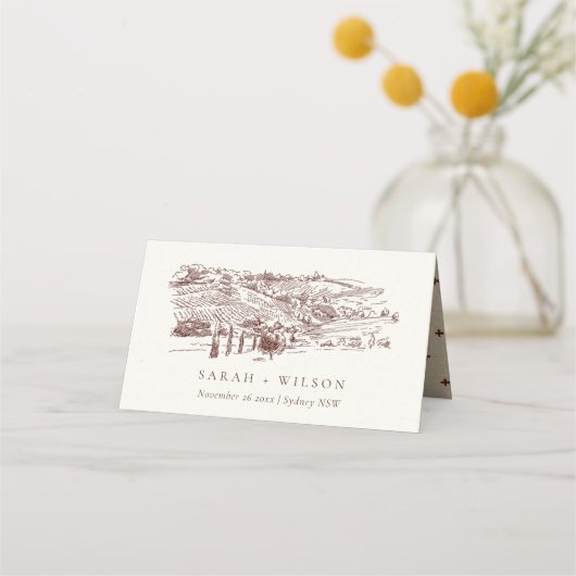 Rustic Rust Brown Winery Mountain Sketch Wedding Plaatskaartje (Voorkant)