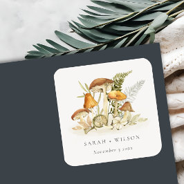 Rustic Rust Oranje paddenstoel Fern Foliage Weddin Vierkante Sticker