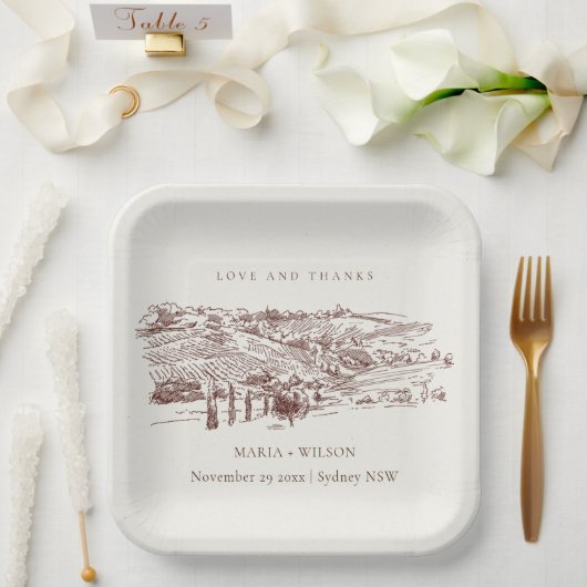 Rustic Rust Oranje Winery Mountain Sketch Wedding Papieren Bordje (Huwelijk)