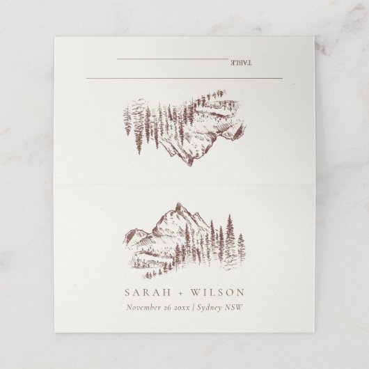 Rustic Rust Pine Bossen Mountain Sketch Wedding Plaatskaartje (Buitenkant ongevouwen)