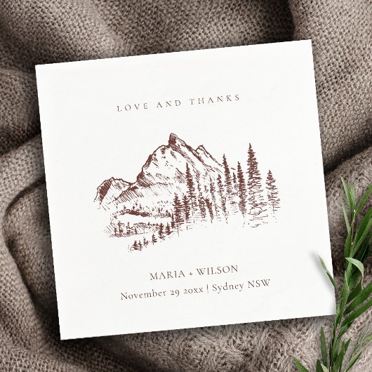 Rustic Rust Pine Bossen Mountain Sketch Wedding Servet
