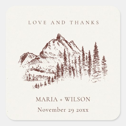 Rustic Rust Pine Bossen Mountain Sketch Wedding Vierkante Sticker (Voorkant)
