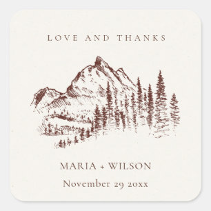 Rustic Rust Pine Bossen Mountain Sketch Wedding Vierkante Sticker