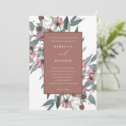 RUSTIC RUST PINK EUCALYPTUS FLORAL WEDDING INVITE BEDANKKAART (Staand voorkant)