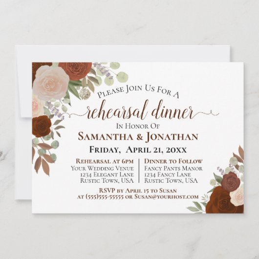 Rustic Rust Sinaasappel Floral Wedding Rehearsal D Kaart (Voorkant)