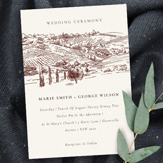Rustic Rust Winery Mountain Sketch Wedding Invite Bedankkaart