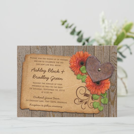 Rustic Rusty Heart Oranje Daisy Country Weddenscha Kaart (Staand voorkant)