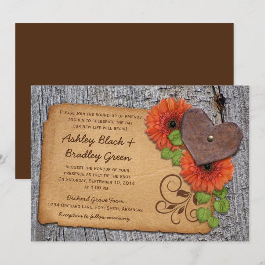 Rustic Rusty Heart Oranje Daisy Country Wedding Kaart (Voorkant / Achterkant)
