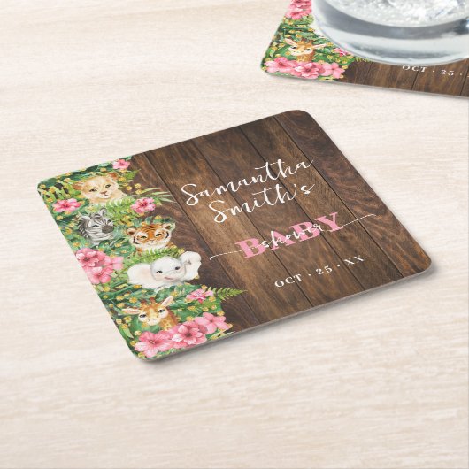 Rustic Safari Animals Pink Baby Shower Party Decor Kartonnen Onderzetters (Schuin)