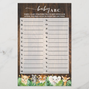 Rustic Safari Baby ABC Baby shower Game Kaart