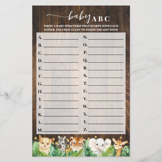 Rustic Safari Baby ABC Baby shower Game Kaart (Voorkant)