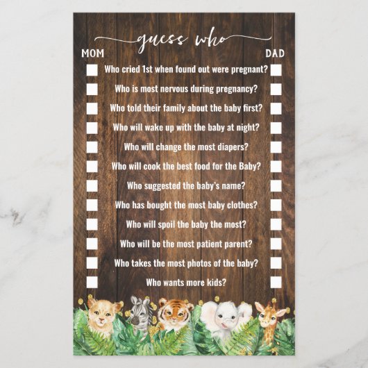Rustic Safari Guess Wie Baby shower Game Kaart (Voorkant)