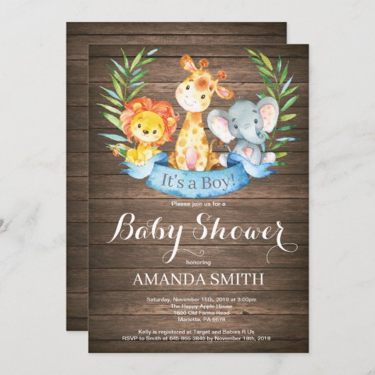 Rustic Safari Oerwoud Animals Boy Baby shower Kaart (Voorkant / Achterkant)