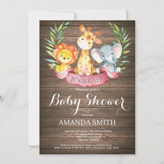 Rustic Safari Oerwoud Animals Girl Baby shower Kaart (Voorkant)