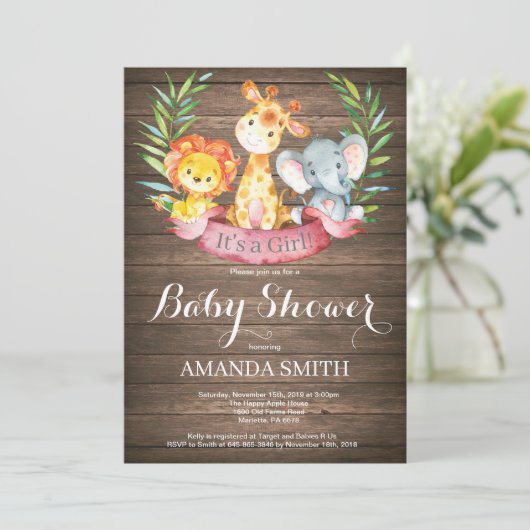 Rustic Safari Oerwoud Animals Girl Baby shower Kaart (Staand voorkant)