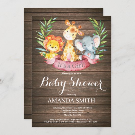 Rustic Safari Oerwoud Animals Girl Baby shower Kaart (Voorkant / Achterkant)