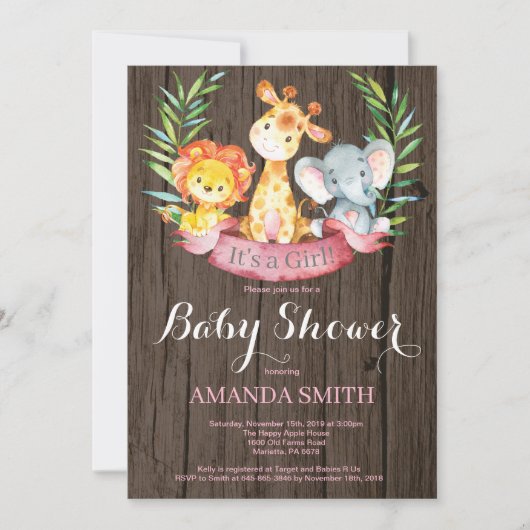 Rustic Safari Oerwoud Animals Girl Baby shower Kaart (Voorkant)