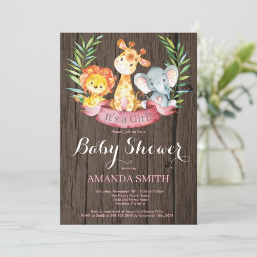 Rustic Safari Oerwoud Animals Girl Baby shower Kaart (Staand voorkant)
