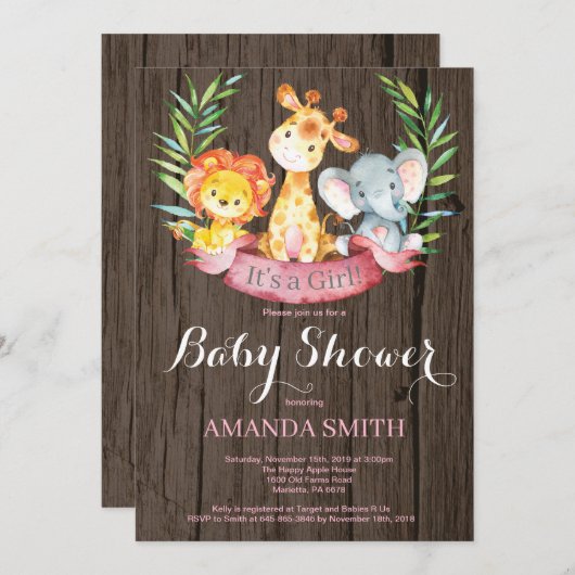 Rustic Safari Oerwoud Animals Girl Baby shower Kaart (Voorkant / Achterkant)