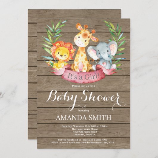 Rustic Safari Oerwoud Animals Girl Baby shower Kaart (Voorkant / Achterkant)