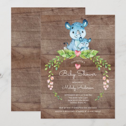 RUSTIC Safari Oerwoud Hippo Baby shower Uitnodigin Kaart (Voorkant / Achterkant)