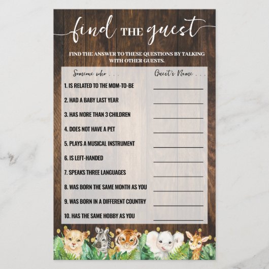 Rustic Safari Vind de Gast Baby Shower Spelkaart Flyer (Voorkant)