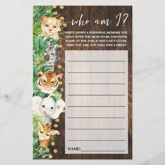 Rustic Safari Wie ben ik Baby shower Game Kaart (Voorkant)