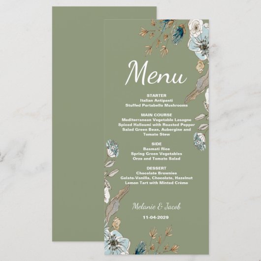 Rustic Sage bloemstuk 4x9 platte bruiloftsmenu Menu (Voorkant / Achterkant)