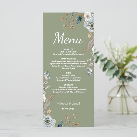 Rustic Sage bloemstuk 4x9 platte bruiloftsmenu Menu (Staand voorkant)