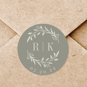 Rustic Sage Botanische Krans Trouwmonogram Ronde Sticker