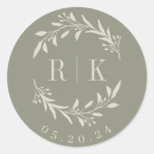 Rustic Sage Botanische Krans Trouwmonogram Ronde Sticker (Voorkant)