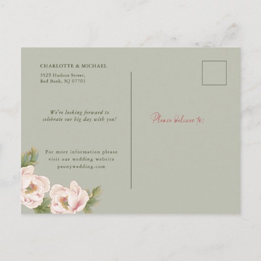 Rustic Sage en Blush Peony Wedding Save the Date Aankondigingskaart (Achterkant)