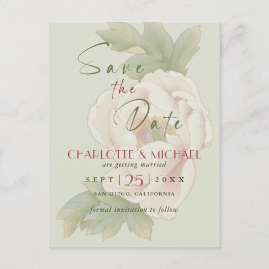 Rustic Sage en Blush Peony Wedding Save the Date Aankondigingskaart (Voorkant)