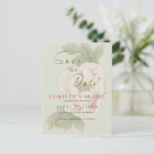 Rustic Sage en Blush Peony Wedding Save the Date Aankondigingskaart (Staand voorkant)