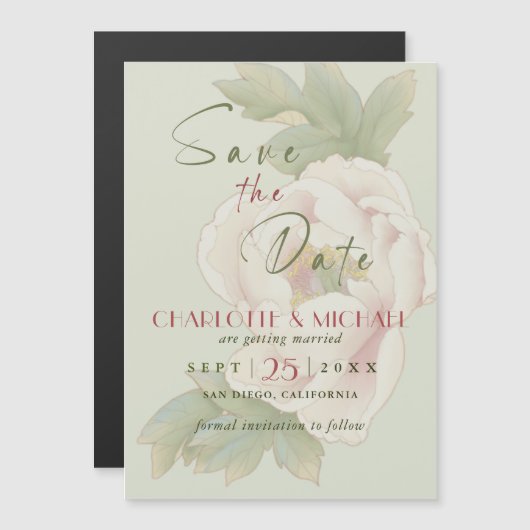 Rustic Sage en Blush Peony Wedding Save the Date Magnetische Uitnodiging (Voorkant / Achterkant)