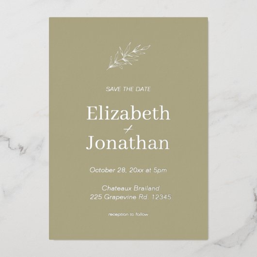 Rustic Sage enkel blad save the date zilver   Folie Uitnodiging (Voorkant)