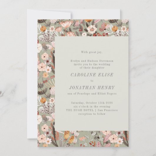 Rustic Sage Floral Boho Formal Wedding Uitnodiging (Voorkant)