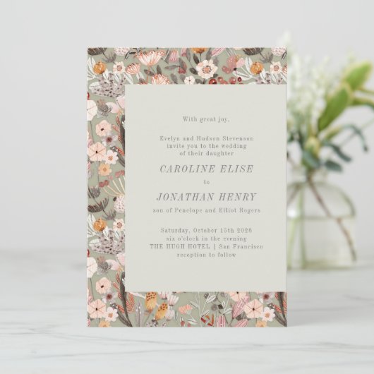 Rustic Sage Floral Boho Formal Wedding Uitnodiging (Staand voorkant)